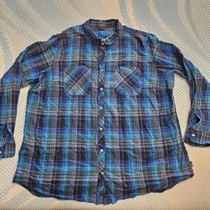 Eddie Bauer Women's Blue Plaid Mandarin Collar Button Down Shirt in 2XL